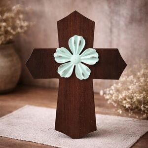 Wooden Wall Decor Rustic Brown‎ Cross Turquoise Metal Flower